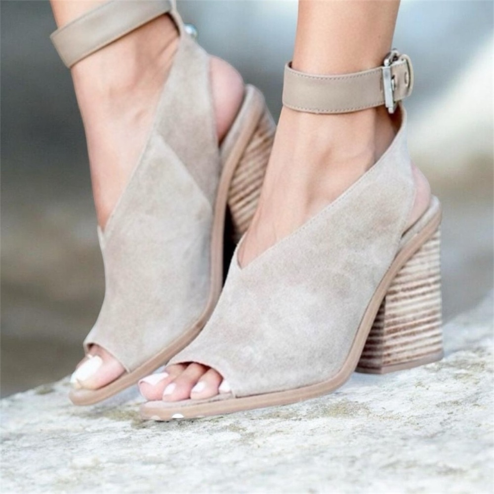 Marc Fisher Vidal Beige / Tan Suede Block Heel Sandal, 8 Ankle Strap